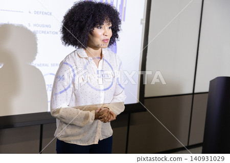 African american woman in blouse presenting charts on screen in conference room with lectern African american woman in blouse presenting charts on screen in conference room with lectern 140931029