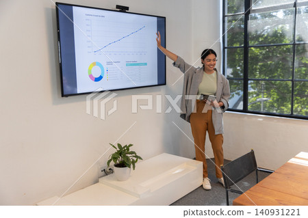 Woman wearing blazer holding tablet presenting metrics on display in office Woman wearing blazer holding tablet presenting metrics on display in office 140931221