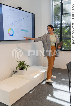 Mid adult businesswoman presenting charts on wall display in office with tablet, copy space Mid adult businesswoman presenting charts on wall display in office with tablet, copy space 140931222