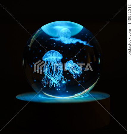 Luminous jellyfish gracefully float inside a clear glass sphere illuminating a dark room from a wooden base 140931518