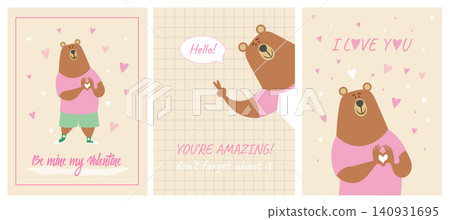 Set of cute Valentine's Day cards in pastel colors. Colored vector illustration with bears. Love messages for loved ones. Set of cute Valentine's Day cards in pastel colors. Colored vector illustration with bears. Love messages for loved ones. 140931695