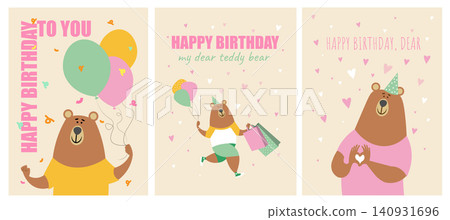 Set of cute Birthday's cards in pastel colors. Colored vector illustration with bears. On the postcard there is a teddy bear wishing you a happy birthday. Set of cute Birthday's cards in pastel colors. Colored vector illustration with bears. On the postcard there is a teddy bear wishing you a happy birthday. 140931696