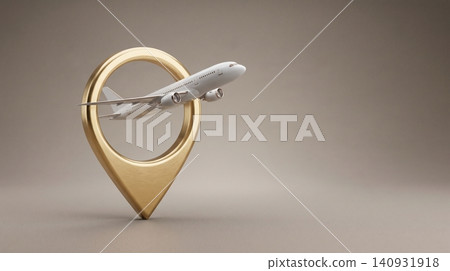 White passenger airplane flying through a golden location pin icon representing global travel booking and navigation services on a neutral studio background White passenger airplane flying through a golden location pin icon representing global travel booking and navigation services on a neutral studio background 140931918
