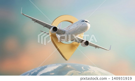 Modern commercial airplane flying through a golden location pin symbol above a stylized earth globe representing global travel Modern commercial airplane flying through a golden location pin symbol above a stylized earth globe representing global travel 140931919