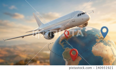 White commercial airplane flying above a globe with navigation pins representing global travel logistics White commercial airplane flying above a globe with navigation pins representing global travel logistics 140931921