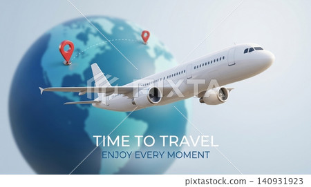 Modern passenger airplane flying around the earth globe with red location pin markers representing international travel destinations Modern passenger airplane flying around the earth globe with red location pin markers representing international travel destinations 140931923