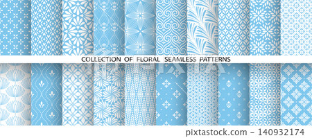 Geometric floral set of seamless patterns. White and blue vector backgrounds. Damask graphic ornaments Geometric floral set of seamless patterns. White and blue vector backgrounds. Damask graphic ornaments 140932174