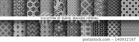 Geometric floral set of seamless patterns. Gray and black vector backgrounds. Damask graphic ornaments Geometric floral set of seamless patterns. Gray and black vector backgrounds. Damask graphic ornaments 140932197