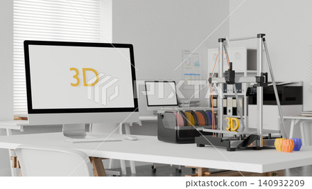 3D Printing Workspace with Computer Monitor and Printer on White Desk in Modern Office Studio 3D Printing Workspace with Computer Monitor and Printer on White Desk in Modern Office Studio 140932209