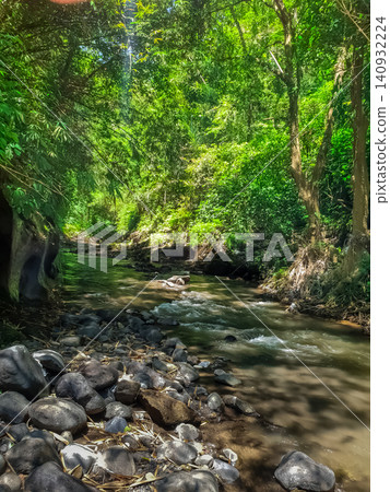 Shallow tropical river flowing over dark rocks through lush jungle with large tree roots on sunlit bank Shallow tropical river flowing over dark rocks through lush jungle with large tree roots on sunlit bank 140932224