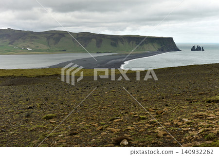 Black sand beach and sea stacks seen from Dyrholaey peninsula Iceland Black sand beach and sea stacks seen from Dyrholaey peninsula Iceland 140932262