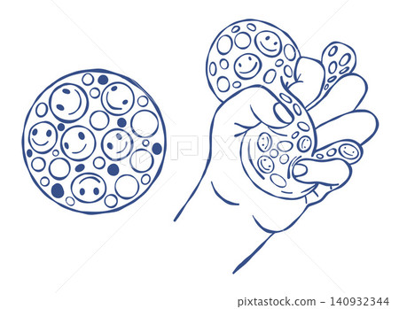 Sensory Anti Stress Ball Squeeze. Outline Gel Squishy Ball in Hand with Smile Face Bubble. Tactile Toy for Anxiety Relief, ADHD and Anger Management. Isolated Line Art Hand Drawn. Vector Illustration. 140932344