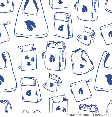 Seamless Pattern of Eco Bag and Reusable Packaging. Outline Blue Hand Drawn Sustainable Shopping Tote, Grocery Sack, and Paper Packet on White Background. Vector Illustration. Seamless Pattern of Eco Bag and Reusable Packaging. Outline Blue Hand Drawn Sustainable Shopping Tote, Grocery Sack, and Paper Packet on White Background. Vector Illustration. 140932345
