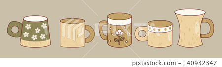 Handcrafted Ceramic Mug Set. Artisan Pottery Coffee Unique Clay Natural Cups with Daisy Pattern. Scandi Studio Mismatched Teaware. Isolated Earth Tones Eco-friendly Kitchen Decor. Vector Illustration. 140932347