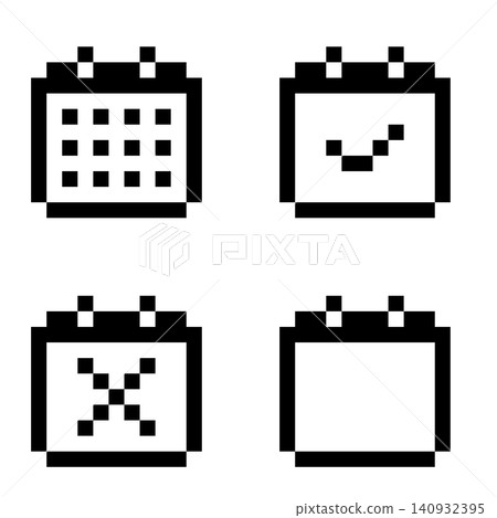 Set of 4 black and white pixel art mini calendar icons with transparent backgrounds. 140932395