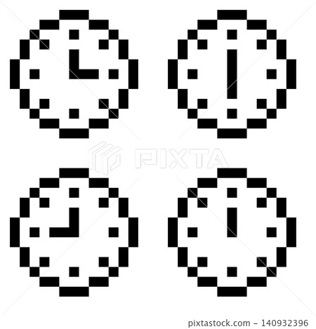 Set of 4 black and white pixel art mini clock icons with transparent backgrounds. Set of 4 black and white pixel art mini clock icons with transparent backgrounds. 140932396