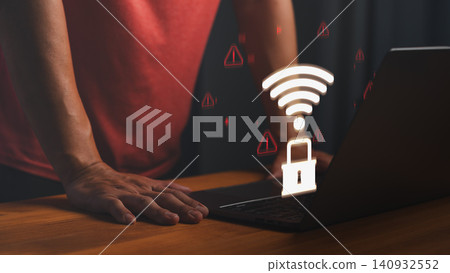 Cyber security threat warning on public Wi-Fi. Unsecured internet connection and hacker vulnerability alert concept with laptop and padlock. Cyber security threat warning on public Wi-Fi. Unsecured internet connection and hacker vulnerability alert concept with laptop and padlock. 140932552