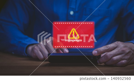 Ai system hacked warning on smartphone. Cyber security attack, hacker danger and digital technology data breach concept. Ai system hacked warning on smartphone. Cyber security attack, hacker danger and digital technology data breach concept. 140932560