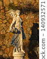 Classical female garden statue holding grape bunches on a pedestal against a rustic stone wall in warm evening light 140932571
