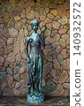 Bronze patina female garden statue in a draped gown standing against a rustic stone wall 140932572