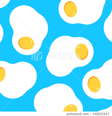 Bright seamless pattern featuring fried eggs on a blue background for wrapping paper or fabric. Vector background illustration in Adobe Illustrator EPS 10. Bright seamless pattern featuring fried eggs on a blue background for wrapping paper or fabric. Vector background illustration in Adobe Illustrator EPS 10. 140932817