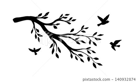 Beautiful tree branch with birds vector silhouette background Beautiful tree branch with birds vector silhouette background 140932874