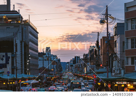 A view of Shijo Street in Kyoto at dusk. A view of Shijo Street in Kyoto at dusk. 140933169
