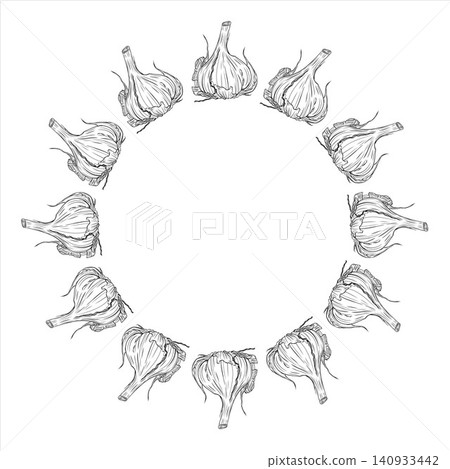 Elegant vector frame with hand drawn garlic bulbs in botanical line art style. Decorative culinary border for recipe cards, menus, packaging, labels, branding, food design, and kitchen projects Elegant vector frame with hand drawn garlic bulbs in botanical line art style. Decorative culinary border for recipe cards, menus, packaging, labels, branding, food design, and kitchen projects 140933442