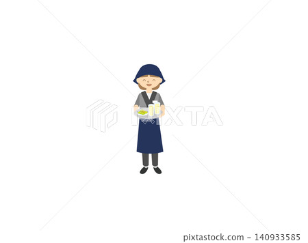 插圖描繪了一位居酒屋(日本酒吧)女服務員,她面帶微笑,手捧托盤,正在為客人提供食物和飲料。 插圖描繪了一位居酒屋(日本酒吧)女服務員,她面帶微笑,手捧托盤,正在為客人提供食物和飲料。 140933585