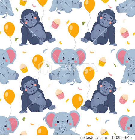 Seamless pattern with cute elephants, gorillas, balloons and cupcakes. Vector illustration in soft flat cartoon style. Kids birthday background for textile, wrapping paper, nursery decor, design Seamless pattern with cute elephants, gorillas, balloons and cupcakes. Vector illustration in soft flat cartoon style. Kids birthday background for textile, wrapping paper, nursery decor, design 140933646