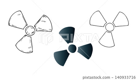 Vector radiation hazard warning sign set. Graphic silhouette icon for nuclear and radioactive safety design, hand drawn illustration isolated on background. Zero waste, sustainable living concept. For Vector radiation hazard warning sign set. Graphic silhouette icon for nuclear and radioactive safety design, hand drawn illustration isolated on background. Zero waste, sustainable living concept. For 140933716