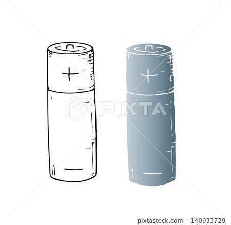 Vector cylindrical aa batteries set. Graphic silhouette clearly marked positive and negative terminals, representing energy storage icon, hand drawn illustration isolated on background. Zero waste, su 140933729