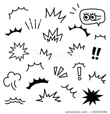 A set of hand-drawn, line-art style doodle-style icons and symbols to express surprise | Black and white 140934046