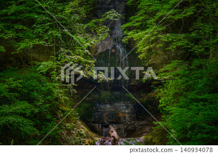 [Okusobana Valley] Waterfalls cascading down cliffs and lush green forests [Kinasato, Nagano City] 140934078