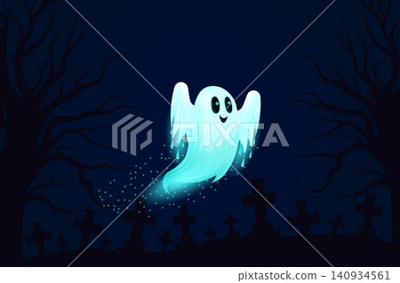 cute ghost flying over cemetery vector illustration. cute ghost flying over cemetery vector illustration. 140934561
