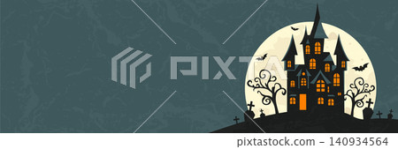 halloween textured banner with haunted castle and copy space vector illustration. halloween textured banner with haunted castle and copy space vector illustration. 140934564