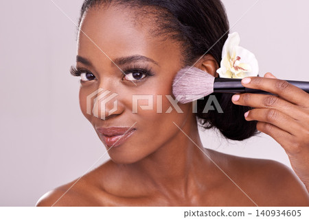 Portrait of black woman with brush on face, makeup and studio backdrop with cosmetic application tool. Skincare, blush and beauty cosmetics of female model with contour powder on pink background Portrait of black woman with brush on face, makeup and studio backdrop with cosmetic application tool. Skincare, blush and beauty cosmetics of female model with contour powder on pink background 140934605
