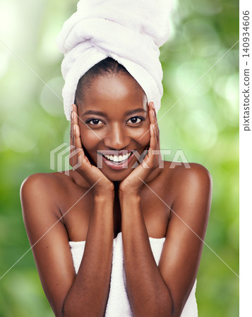 Black woman, portrait or hair towel in studio for skincare, wellness or dermatology results on green background. Beauty, cleaning and face of African lady model with cosmetic, pamper or spa aesthetic Black woman, portrait or hair towel in studio for skincare, wellness or dermatology results on green background. Beauty, cleaning and face of African lady model with cosmetic, pamper or spa aesthetic 140934606