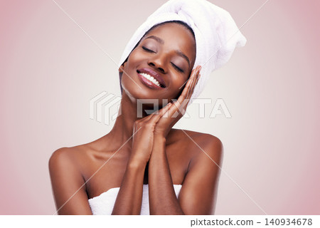 Black woman, skin care and dreaming for beauty, studio and wellness in fresh look with smile and face touch. African female person, cosmetic and glow for anti age, towel and natural confidence Black woman, skin care and dreaming for beauty, studio and wellness in fresh look with smile and face touch. African female person, cosmetic and glow for anti age, towel and natural confidence 140934678