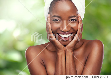 Hair towel, portrait or black woman in studio for skincare, wellness or dermatology results on green background. Beauty, cleaning and face of African lady model with cosmetic, pamper or spa aesthetic Hair towel, portrait or black woman in studio for skincare, wellness or dermatology results on green background. Beauty, cleaning and face of African lady model with cosmetic, pamper or spa aesthetic 140934691