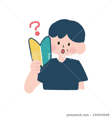 Illustration of a middle-aged man thinking while holding a beginner driver's sticker. Illustration of a middle-aged man thinking while holding a beginner driver's sticker. 140934699