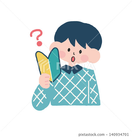 Illustration of a thinking man holding a beginner driver's mark. Illustration of a thinking man holding a beginner driver's mark. 140934701