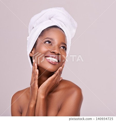Black woman, skin care and natural for beauty, studio and wellness in fresh look with smile and face touch. African female person, soft cosmetic and aloe vera for anti age, nude and confidence Black woman, skin care and natural for beauty, studio and wellness in fresh look with smile and face touch. African female person, soft cosmetic and aloe vera for anti age, nude and confidence 140934725