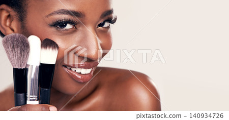 Cosmetics, makeup brushes and portrait of black woman in mockup space on studio with cosmetic application tools. Skincare, blush and beauty banner, luxury facial skin care model on white background. Cosmetics, makeup brushes and portrait of black woman in mockup space on studio with cosmetic application tools. Skincare, blush and beauty banner, luxury facial skin care model on white background. 140934726