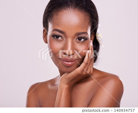Woman, face and skincare for beauty in studio with cosmetics, natural glow and self care with happiness. Model, african person or smile for cosmetology, facial treatment or makeup on white background 140934757