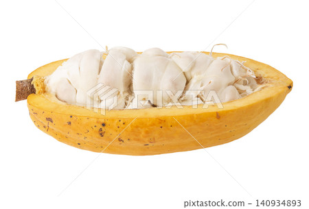 A cross-section of a cacao or cocoa fruit pod isolated on a white background A cross-section of a cacao or cocoa fruit pod isolated on a white background 140934893