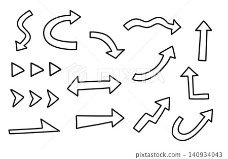 A set of simple, hand-drawn arrow line art illustrations. 140934943