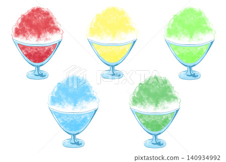 A set of hand-drawn style illustrations of shaved ice in a glass bowl. 140934992