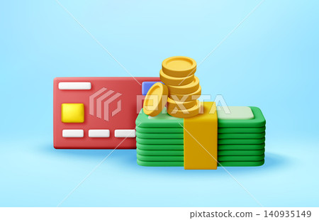 3D credit card with stack of coins and banknotes 3D credit card with stack of coins and banknotes 140935149