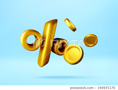 3D Golden percent symbol floating with gold coins. 3D Golden percent symbol floating with gold coins. 140935170